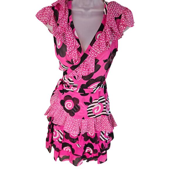 Celia Birdwell Vintage 2 Piece Skirt set Pink Black White Wrap Top Ruffled Sz SM - Picture 14 of 14